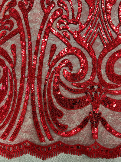 Elsie RED Curlicue Sequins on Mesh Lace Fabric by the Yard - 10112