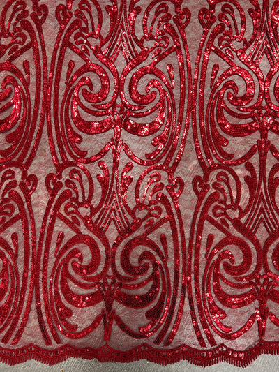 Elsie RED Curlicue Sequins on Mesh Lace Fabric by the Yard - 10112