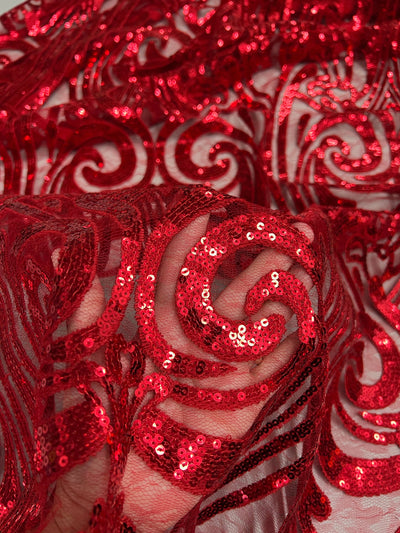 Elsie RED Curlicue Sequins on Mesh Lace Fabric by the Yard - 10112