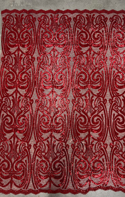 Elsie RED Curlicue Sequins on Mesh Lace Fabric by the Yard - 10112