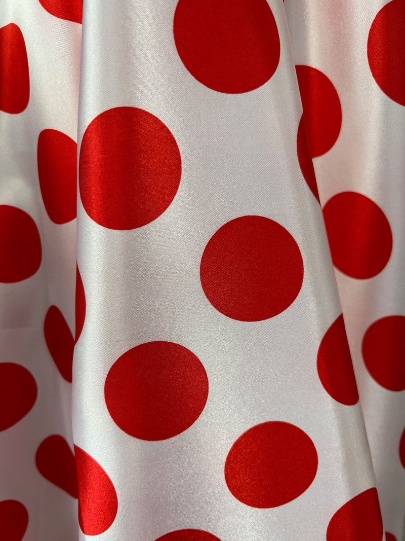 Lana 1.6" RED Polka Dots on WHITE Polyester Light Weight Satin Fabric by the Yard - 10071