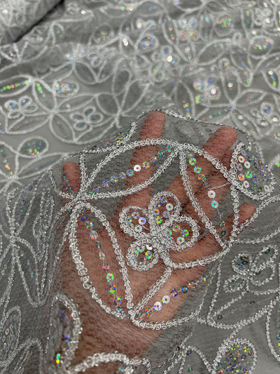 Fiona IRIDESCENT SILVER Sequins and Foil on Mesh Lace Fabric by the Yard - 10034