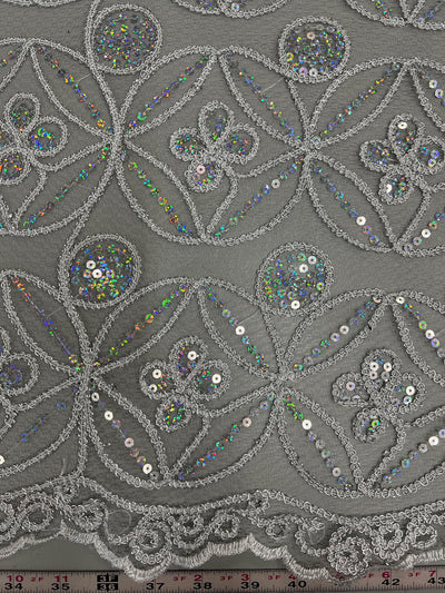 Fiona IRIDESCENT SILVER Sequins and Foil on Mesh Lace Fabric by the Yard - 10034