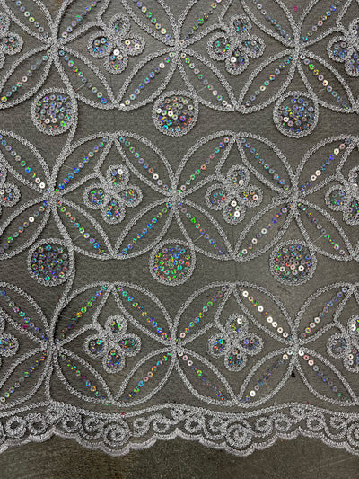 Fiona IRIDESCENT SILVER Sequins and Foil on Mesh Lace Fabric by the Yard - 10034