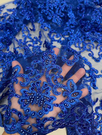 Helena-B ROYAL BLUE Embroidered Damask Pattern with Faux Pearls and Beads on Mesh Lace Fabric by the Yard - 10225