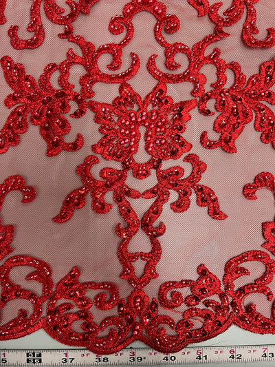 Helena-B RED Embroidered Damask Pattern with Faux Pearls and Beads on Mesh Lace Fabric by the Yard - 10225
