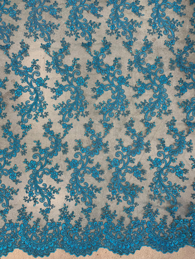 Melody TURQUOISE Polyester Floral Embroidery with Sequins on Mesh Lace Fabric by the Yard for Gown, Wedding, Bridesmaid, Prom - 10002