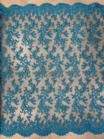 Melody TURQUOISE Polyester Floral Embroidery with Sequins on Mesh Lace Fabric by the Yard for Gown, Wedding, Bridesmaid, Prom - 10002