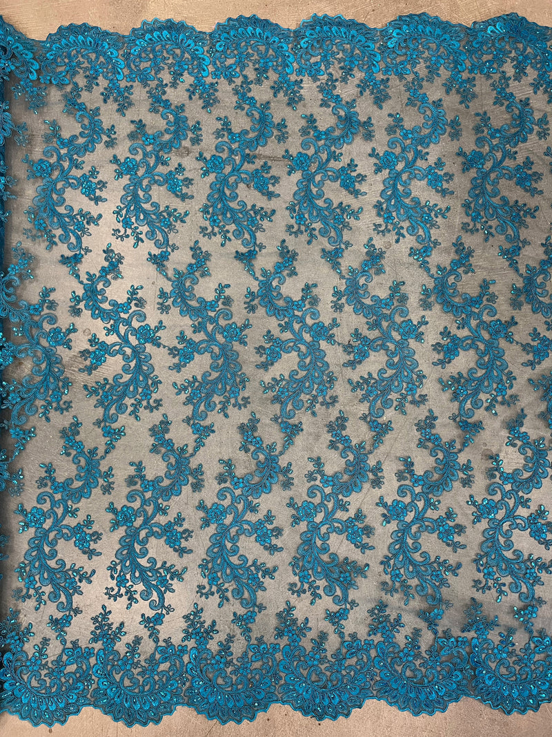 Melody TURQUOISE Polyester Floral Embroidery with Sequins on Mesh Lace Fabric by the Yard for Gown, Wedding, Bridesmaid, Prom - 10002