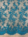 Melody TURQUOISE Polyester Floral Embroidery with Sequins on Mesh Lace Fabric by the Yard for Gown, Wedding, Bridesmaid, Prom - 10002