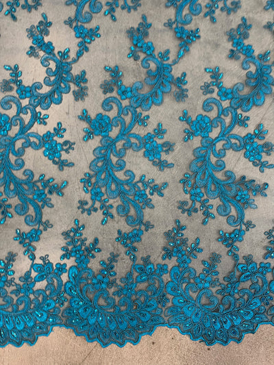 Melody TURQUOISE Polyester Floral Embroidery with Sequins on Mesh Lace Fabric by the Yard for Gown, Wedding, Bridesmaid, Prom - 10002
