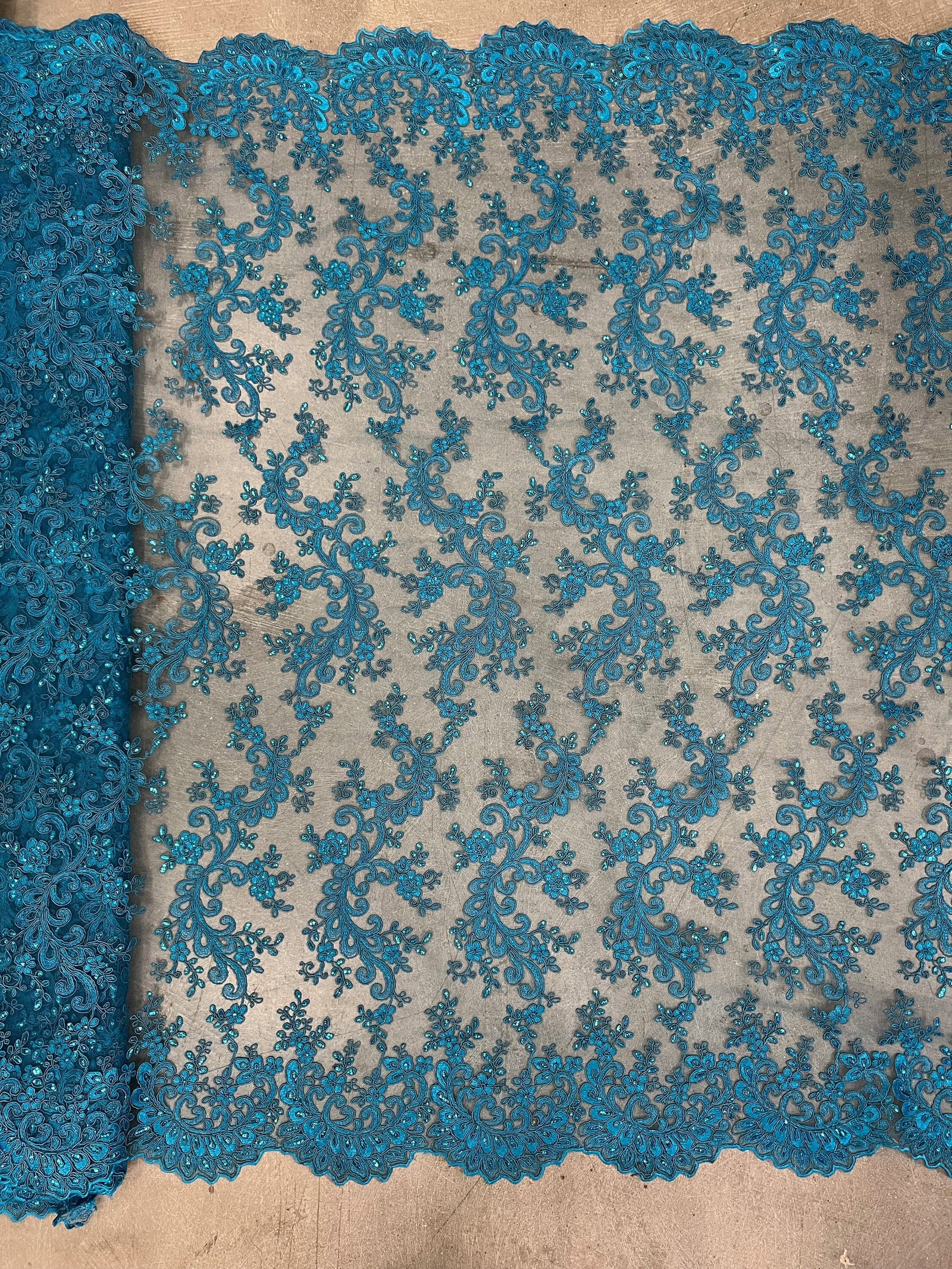 Melody TURQUOISE Polyester Floral Embroidery with Sequins on Mesh Lace Fabric by the Yard for Gown, Wedding, Bridesmaid, Prom - 10002