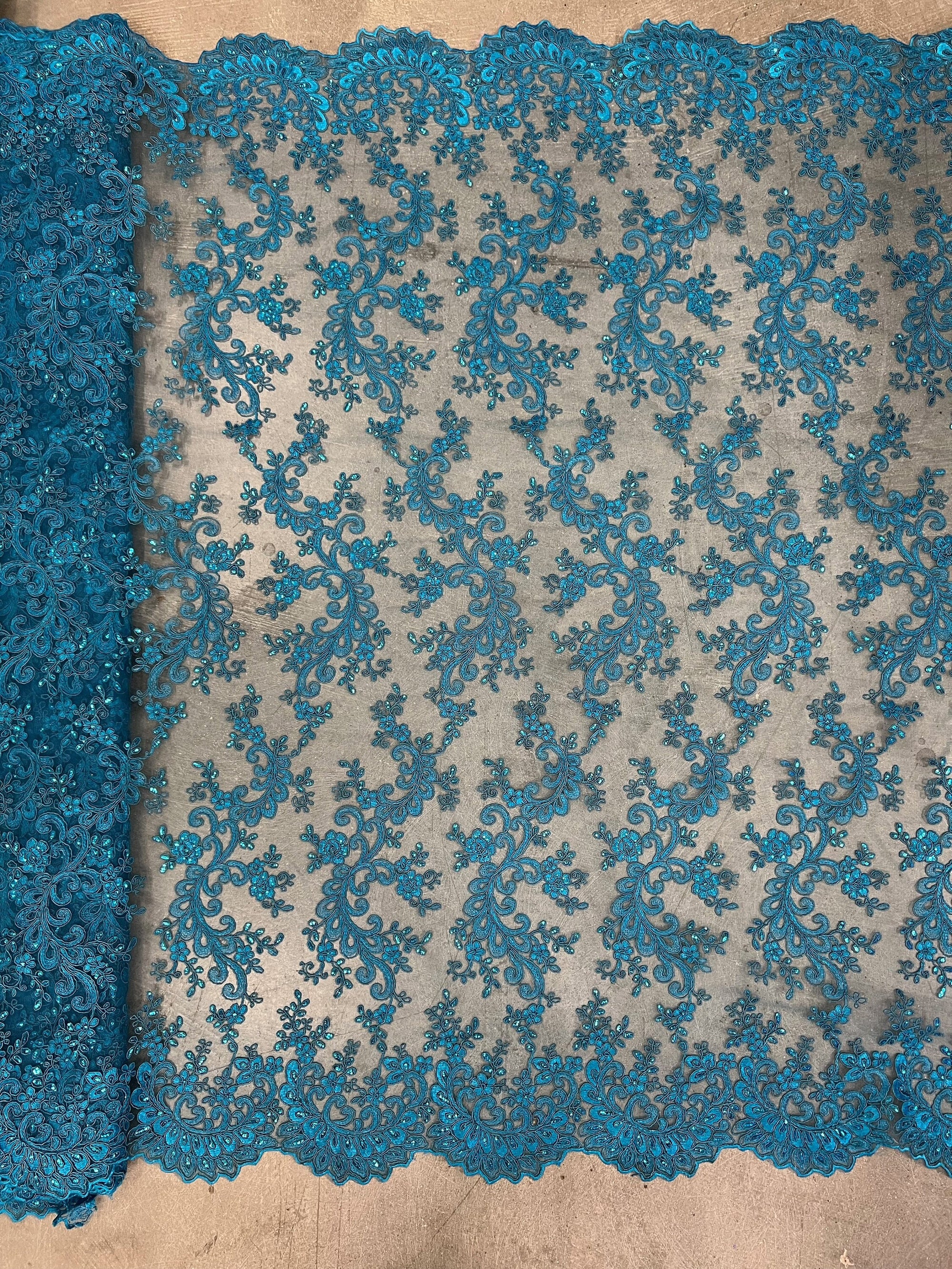 Melody TURQUOISE Polyester Floral Embroidery with Sequins on Mesh Lace Fabric by the Yard for Gown, Wedding, Bridesmaid, Prom - 10002