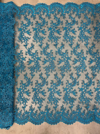 Melody TURQUOISE Polyester Floral Embroidery with Sequins on Mesh Lace Fabric by the Yard for Gown, Wedding, Bridesmaid, Prom - 10002