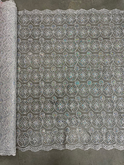 Fiona IRIDESCENT SILVER Sequins and Foil on Mesh Lace Fabric by the Yard - 10034