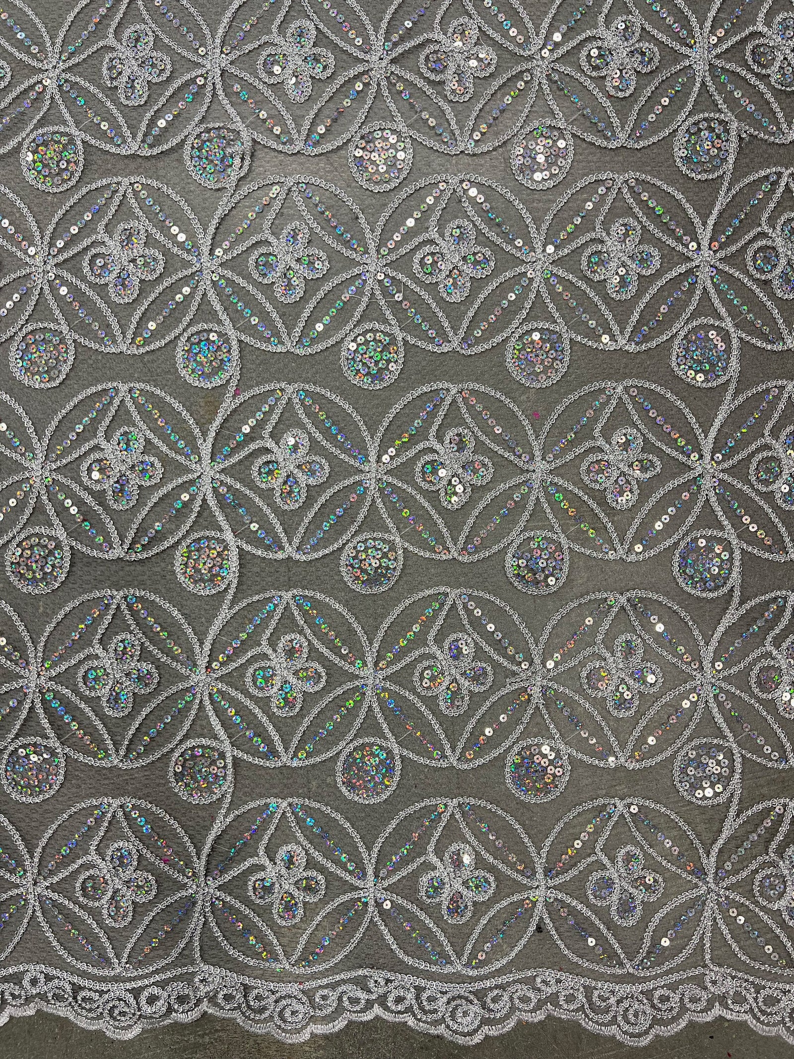 Fiona IRIDESCENT SILVER Sequins and Foil on Mesh Lace Fabric by the Yard - 10034