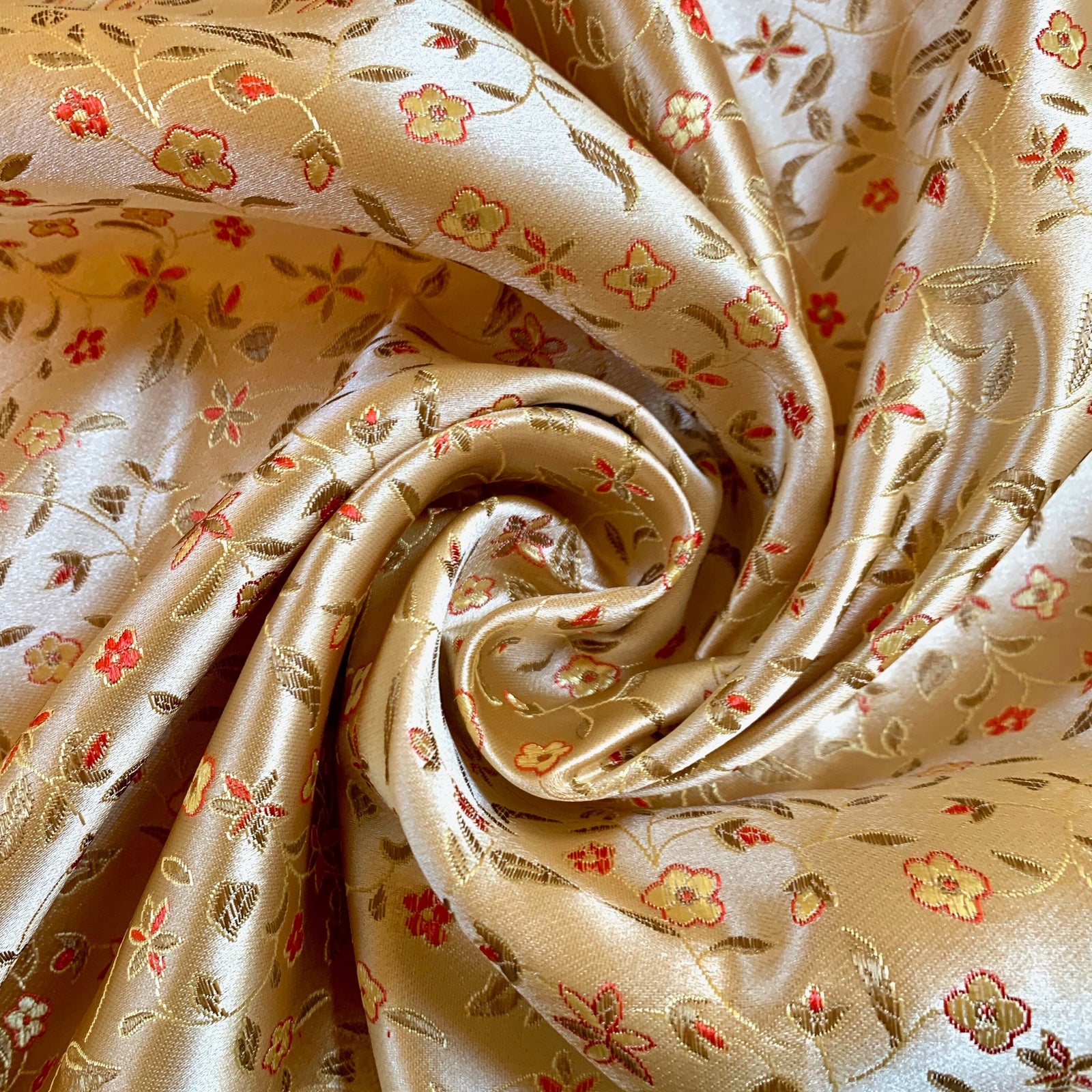 Vivienne GOLD RED Floral Brocade Chinese Satin Fabric by the Yard - 10041