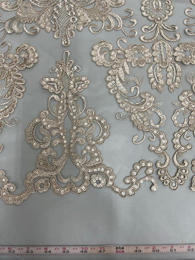Vivian TAUPE Polyester Embroidery with Sequins on Mesh Lace Fabric by the Yard for Gown, Wedding, Bridesmaid, Prom - 10003