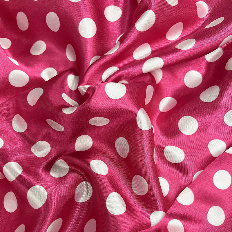 Shelby 0.75" WHITE Polka Dots on PINK Polyester Light Weight Satin Fabric by the Yard - 10070