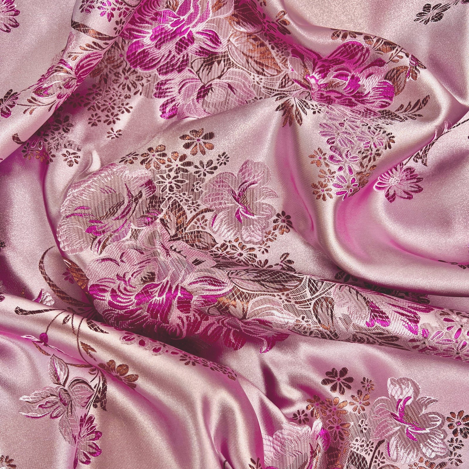 Anais PINK Floral Brocade Chinese Satin Fabric for Cheongsam/Qipao, Apparel, Costumes, Upholstery, Bags, Crafts - 10220