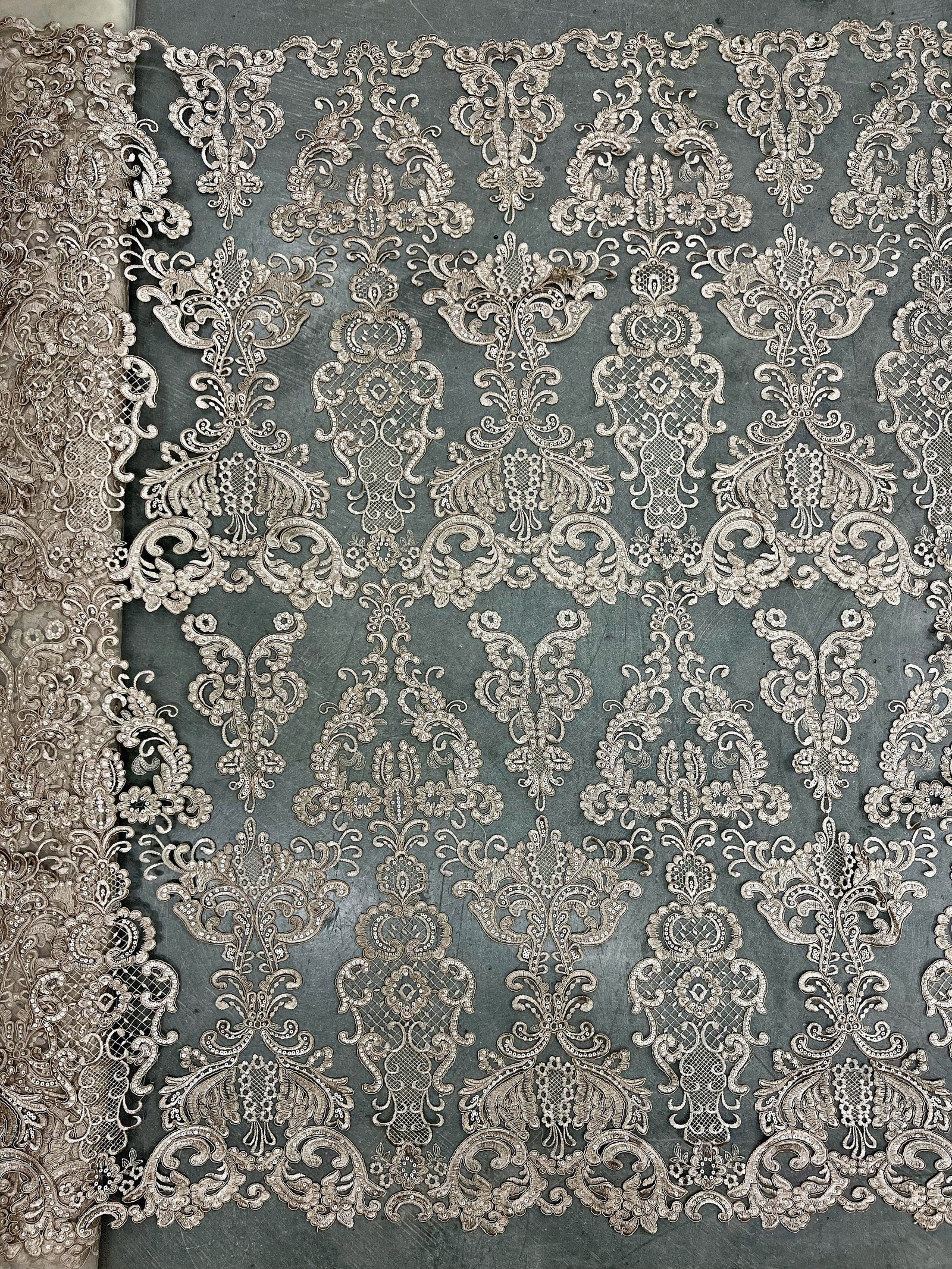 Vivian TAUPE Polyester Embroidery with Sequins on Mesh Lace Fabric by the Yard for Gown, Wedding, Bridesmaid, Prom - 10003