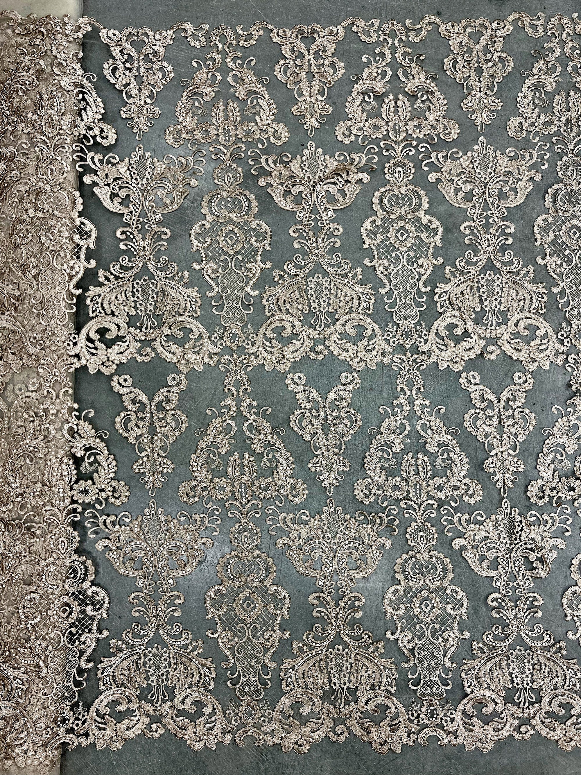 Vivian TAUPE Polyester Embroidery with Sequins on Mesh Lace Fabric by the Yard for Gown, Wedding, Bridesmaid, Prom - 10003