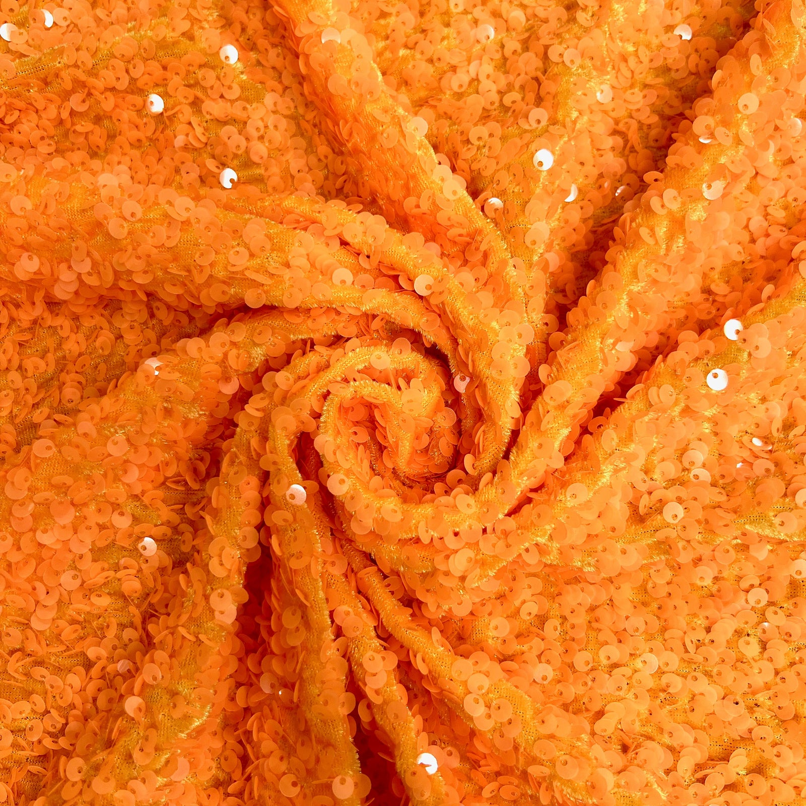 Stephanie ORANGE Overlap Sequins on ORANGE Stretch Velvet Fabric by the Yard for Gowns, Apparel, Costumes, Crafts - 10185