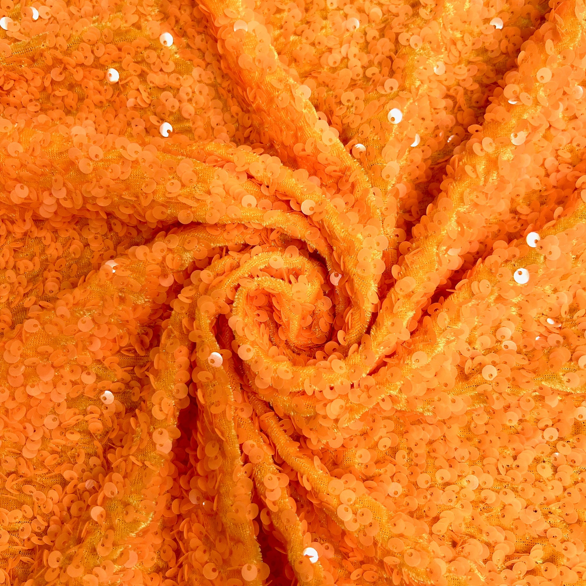 Stephanie ORANGE Overlap Sequins on ORANGE Stretch Velvet Fabric by the Yard for Gowns, Apparel, Costumes, Crafts - 10185