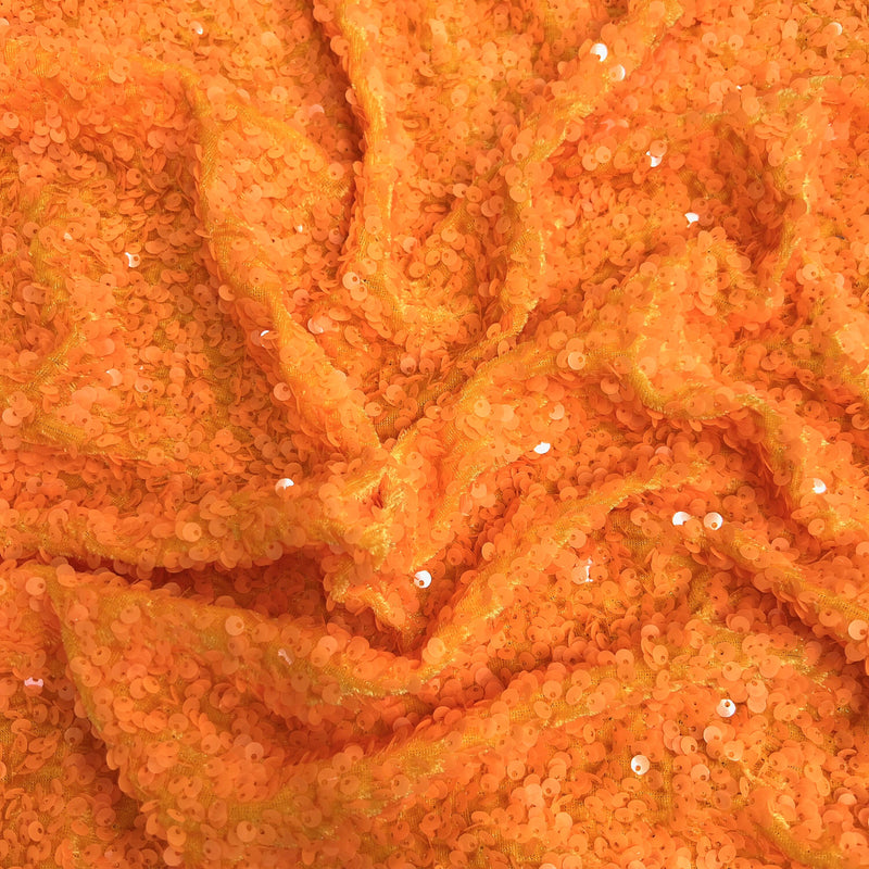 Stephanie ORANGE Overlap Sequins on ORANGE Stretch Velvet Fabric by the Yard for Gowns, Apparel, Costumes, Crafts - 10185