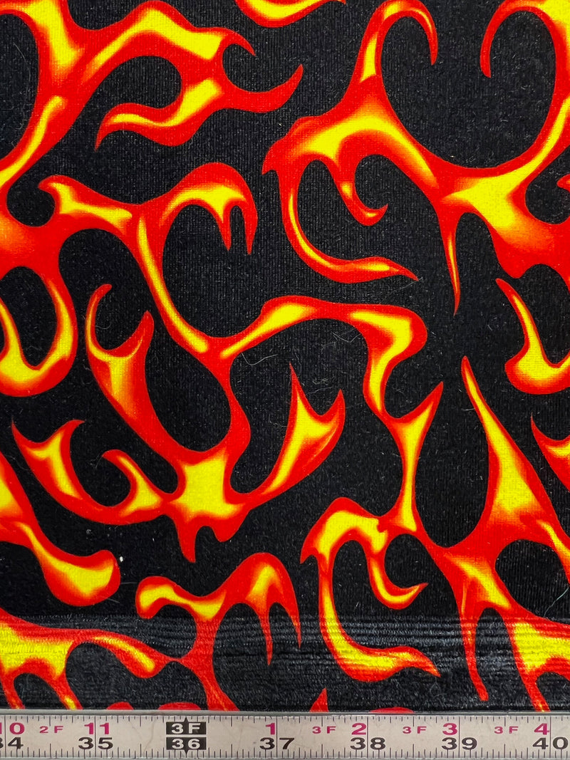 Sutton YELLOW ORANGE FLAMES Print on Polyester Stretch Velvet Fabric for Bows, Head Wraps, Top Knots, Scrunchies, Clothes, Costumes, Crafts