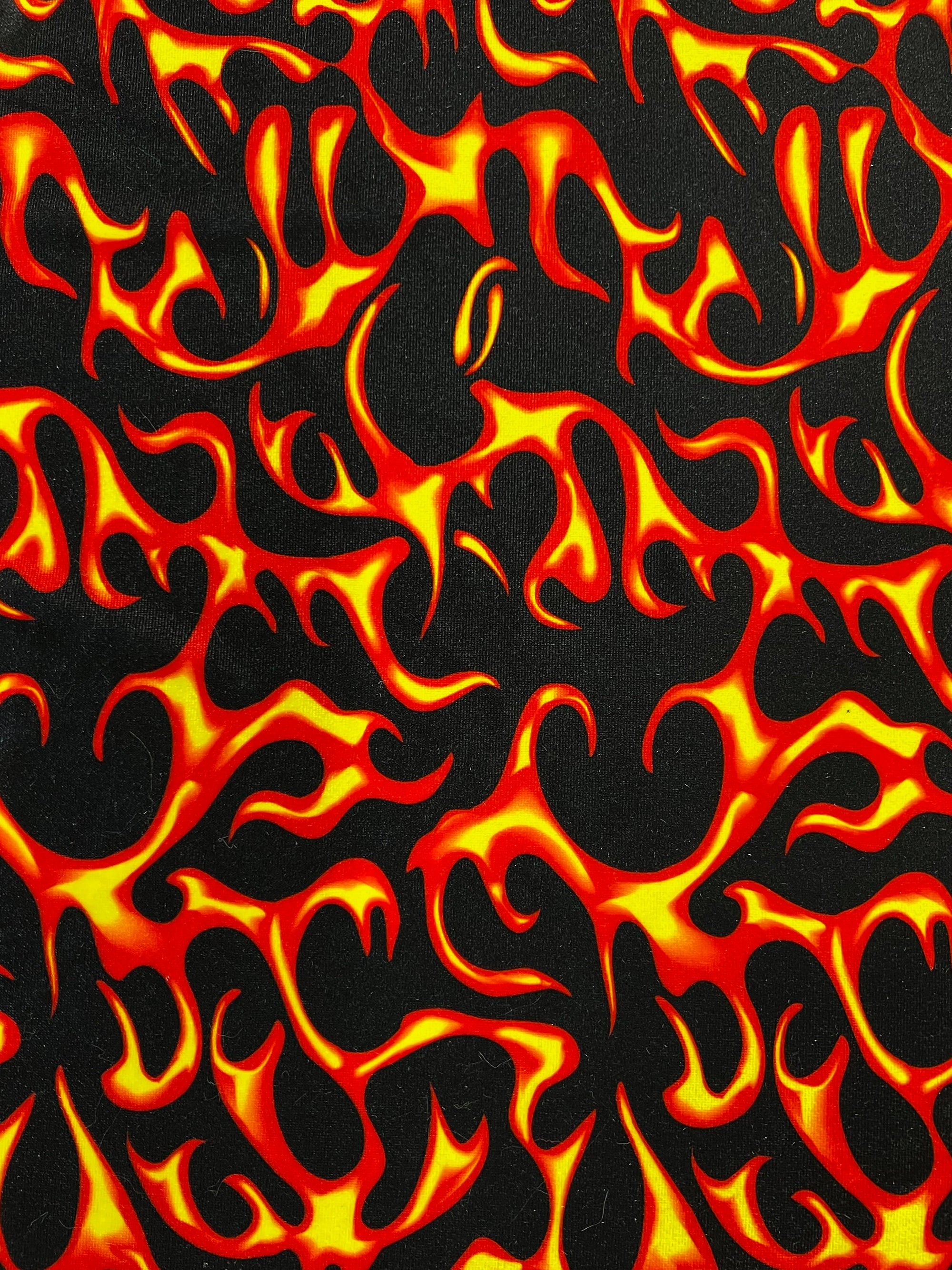 Sutton YELLOW ORANGE FLAMES Print on Polyester Stretch Velvet Fabric for Bows, Head Wraps, Top Knots, Scrunchies, Clothes, Costumes, Crafts