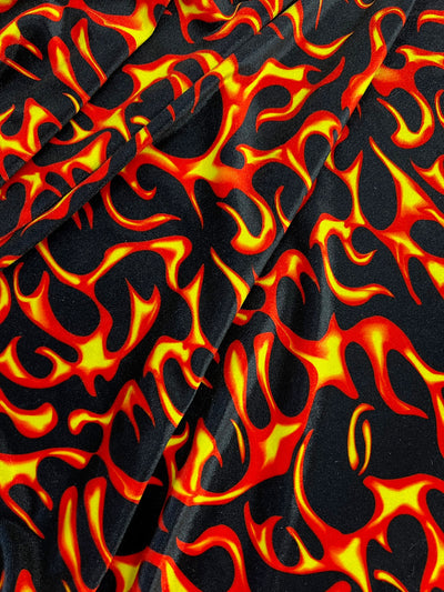 Sutton YELLOW ORANGE FLAMES Print on Polyester Stretch Velvet Fabric for Bows, Head Wraps, Top Knots, Scrunchies, Clothes, Costumes, Crafts