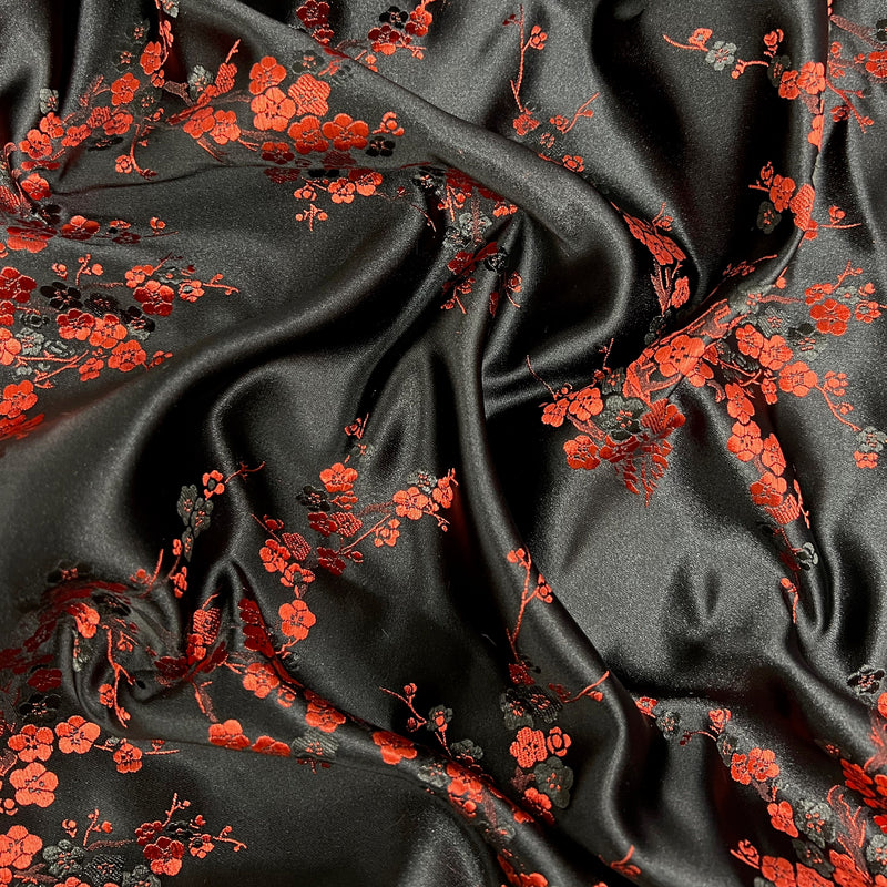 Kori BLACK RED Plum Blossom Floral Brocade Chinese Satin Fabric for Cheongsam/Qipao, Apparel, Costumes, Upholstery, Bags, Crafts - 10210