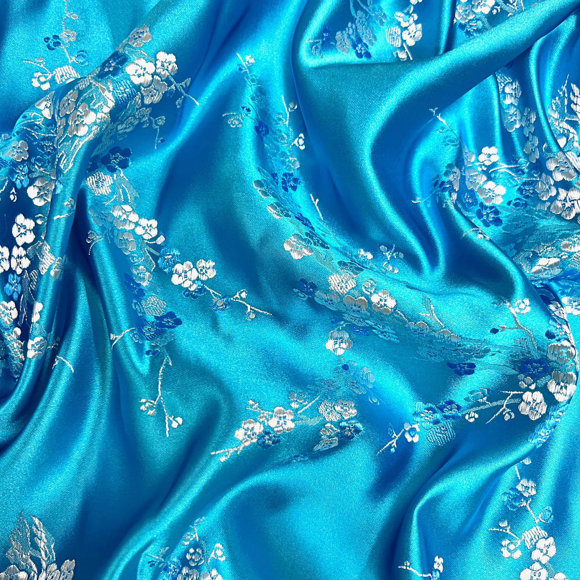 Kori TURQUOISE Plum Blossom Floral Brocade Chinese Satin Fabric for Cheongsam/Qipao, Apparel, Costumes, Upholstery, Bags, Crafts - 10210