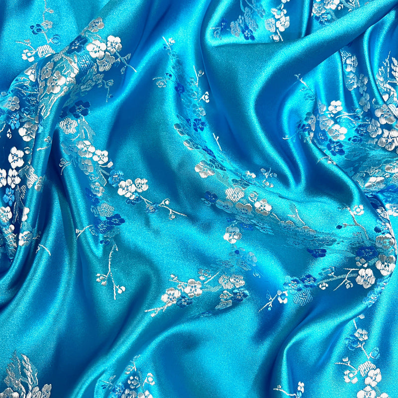 Kori TURQUOISE Plum Blossom Floral Brocade Chinese Satin Fabric for Cheongsam/Qipao, Apparel, Costumes, Upholstery, Bags, Crafts - 10210