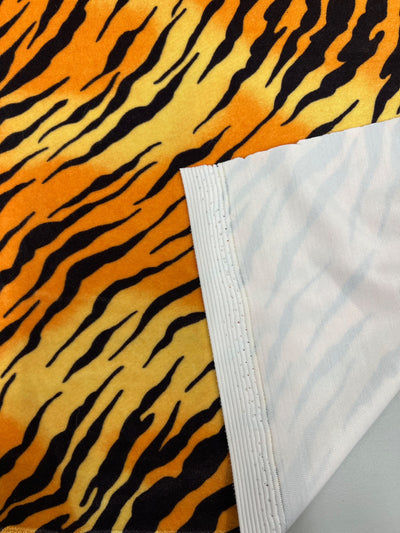 Dana ORANGE BLACK Tiger Pattern Polyester Stretch Velvet Fabric for Bows, Top Knots, Head Wraps, Scrunchies, Clothes, Costumes, Crafts