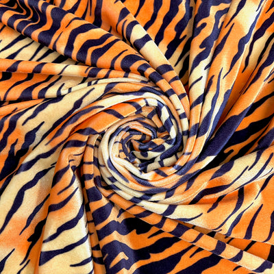 Dana ORANGE BLACK Tiger Pattern Polyester Stretch Velvet Fabric for Bows, Top Knots, Head Wraps, Scrunchies, Clothes, Costumes, Crafts
