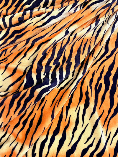 Dana ORANGE BLACK Tiger Pattern Polyester Stretch Velvet Fabric for Bows, Top Knots, Head Wraps, Scrunchies, Clothes, Costumes, Crafts