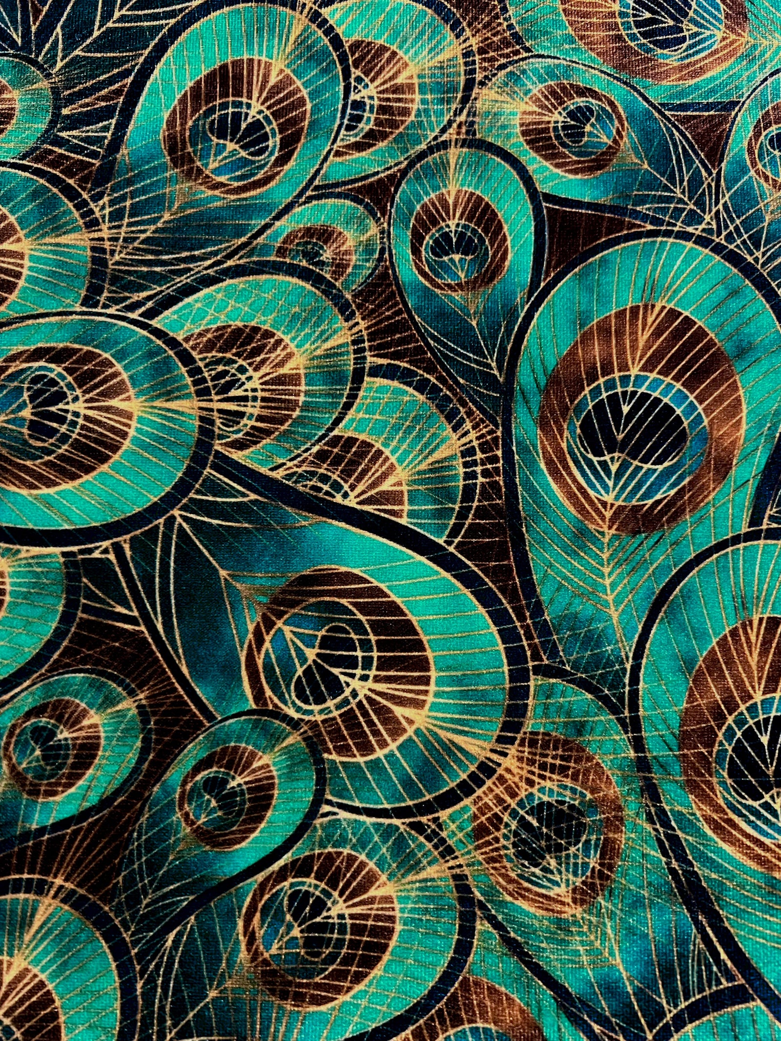 Dana TEAL GOLD BROWN Peacock Print Polyester Stretch Velvet Fabric for Bows, Top Knots, Head Wraps, Scrunchies, Clothes, Costumes, Crafts