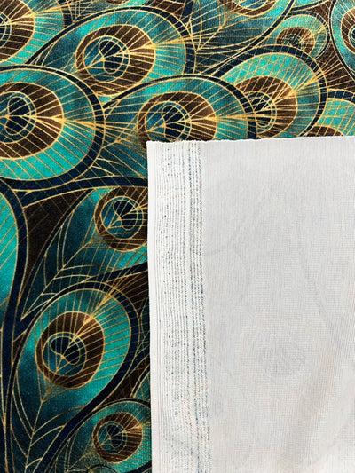 Dana TEAL GOLD BROWN Peacock Print Polyester Stretch Velvet Fabric for Bows, Top Knots, Head Wraps, Scrunchies, Clothes, Costumes, Crafts