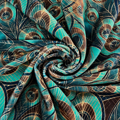 Dana TEAL GOLD BROWN Peacock Print Polyester Stretch Velvet Fabric for Bows, Top Knots, Head Wraps, Scrunchies, Clothes, Costumes, Crafts
