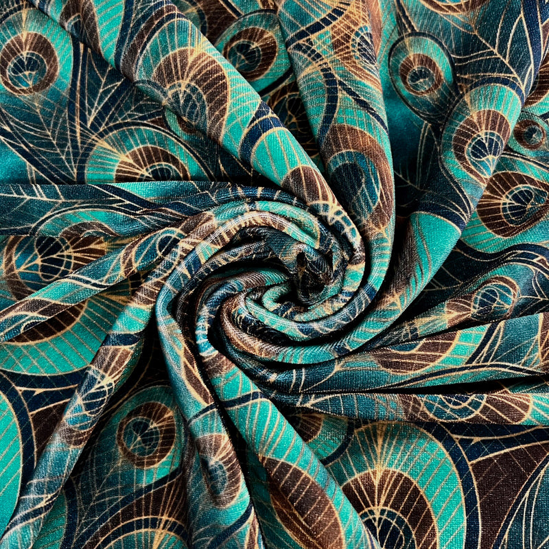 Dana TEAL GOLD BROWN Peacock Print Polyester Stretch Velvet Fabric for Bows, Top Knots, Head Wraps, Scrunchies, Clothes, Costumes, Crafts