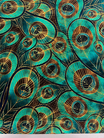 Dana TEAL GOLD BROWN Peacock Print Polyester Stretch Velvet Fabric for Bows, Top Knots, Head Wraps, Scrunchies, Clothes, Costumes, Crafts