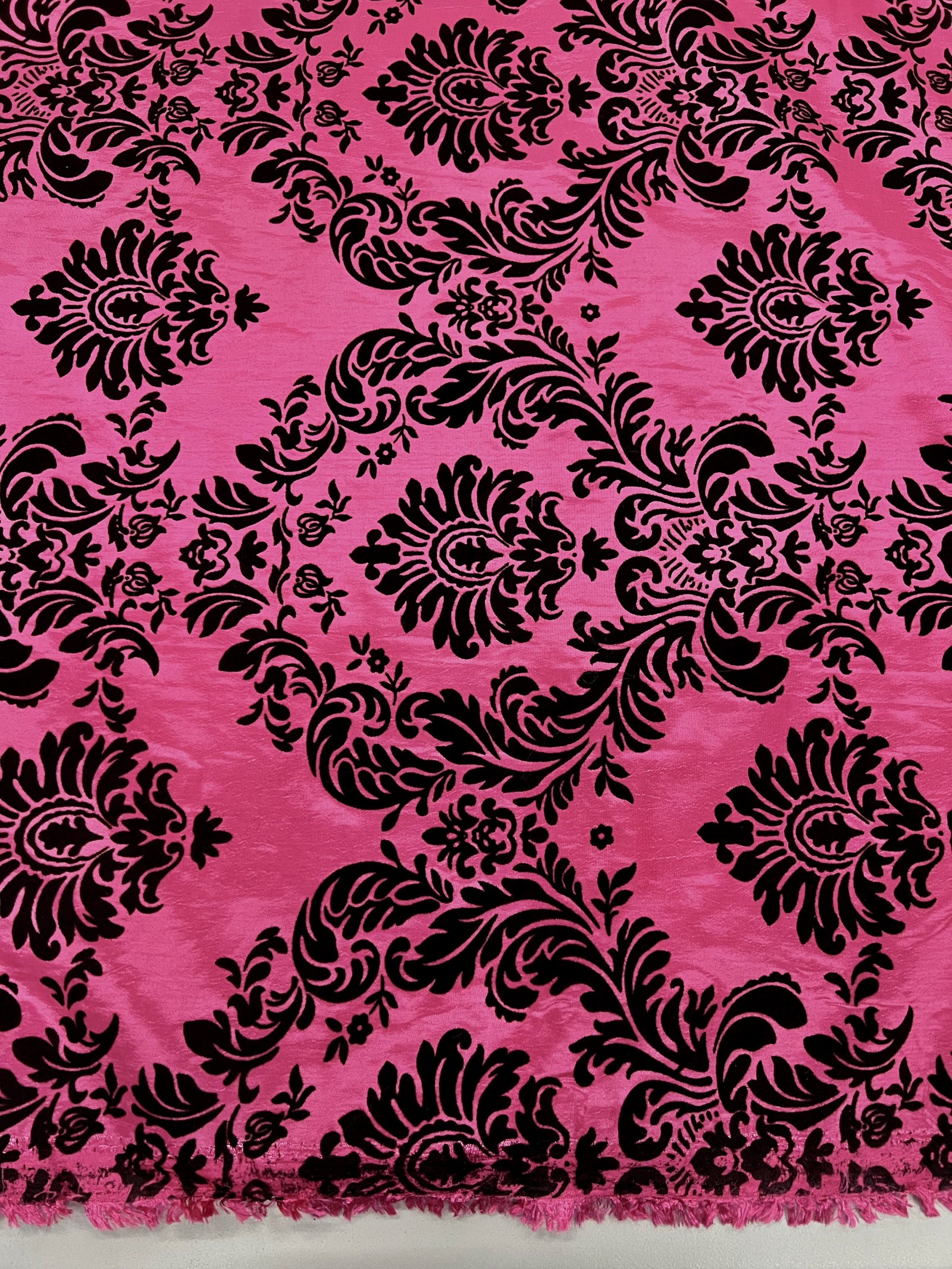 Amanda FUCHSIA Taffeta with Black Velvet Flocked Damask Fabric by the Yard - 10078
