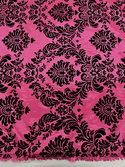 Amanda FUCHSIA Taffeta with Black Velvet Flocked Damask Fabric by the Yard - 10078