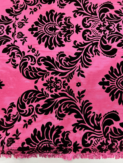 Amanda FUCHSIA Taffeta with Black Velvet Flocked Damask Fabric by the Yard - 10078