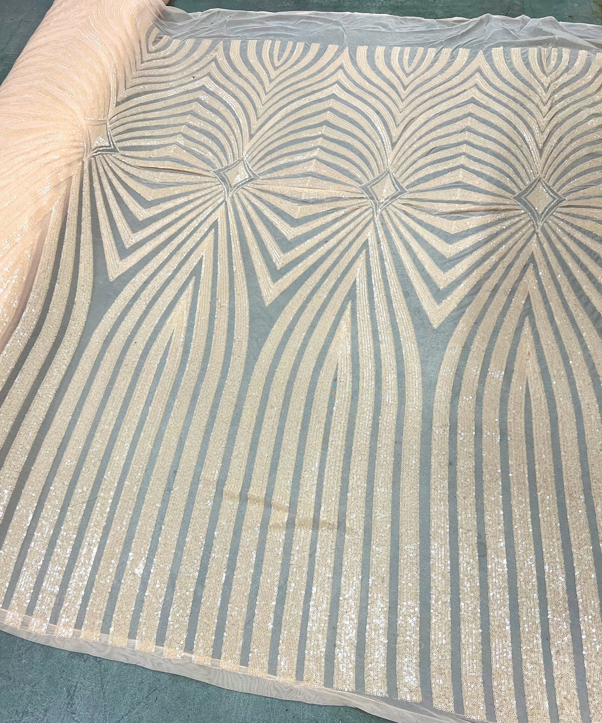 Maia BLUSH PEACH Geometric Sequins on Mesh Lace Fabric by the Yard - 10138