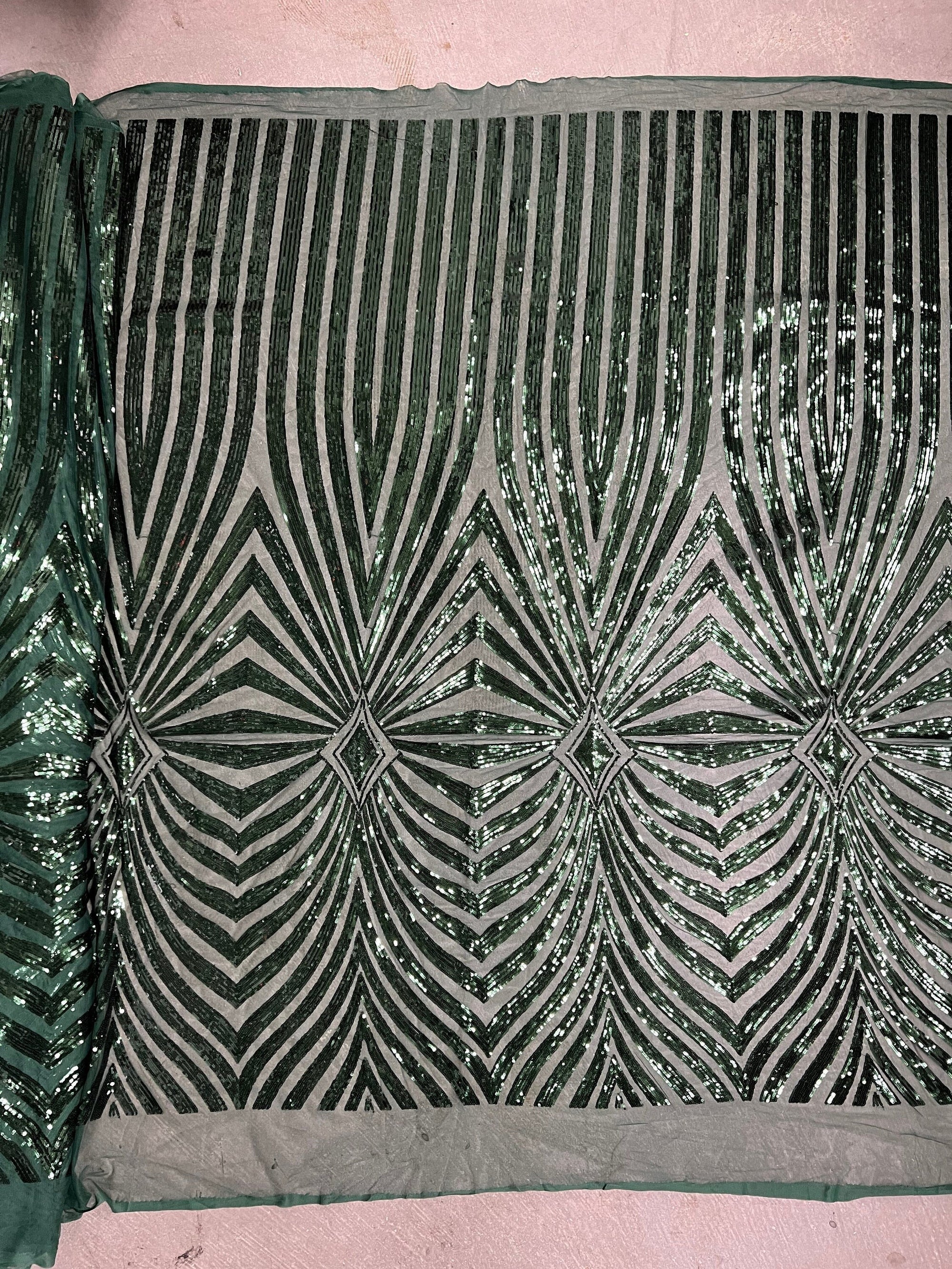 Maia HUNTER GREEN Geometric Sequins on Mesh Lace Fabric by the Yard - 10138