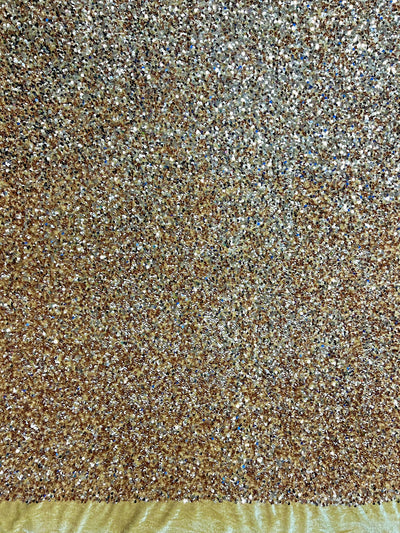 Stephanie CHAMPAGNE Sequins on BEIGE Stretch Velvet Fabric by the Yard for Gowns, Apparel, Costumes, Crafts