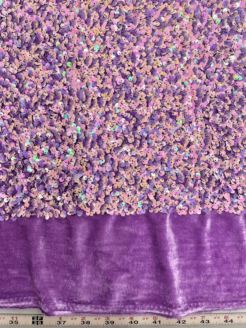 Stephanie Iridescent PINK LAVENDER Overlap Sequins on LAVENDER Stretch Velvet Fabric for Gowns, Apparel, Costumes, Crafts